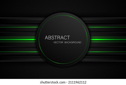 Abstract circle and polyhedron shapes with green light lines on dark steel mesh background. Modern technology innovation concept background. vector illustration
