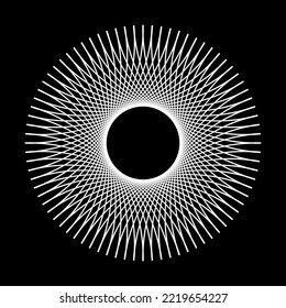 Abstract Circle Radial Pattern. White Round Design Element On Black Background. Vector Art.