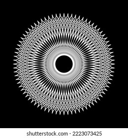 Abstract Circle Radial White Lacy Pattern on Black Background. Vector Art.