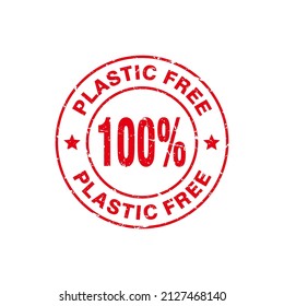 Abstract Circle Red Grungy Plastic Free Rubber Stamp Illustration Vector, 100% Plastic Free Text Seal, Mark, Label Design Template