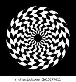 Abstract Circle Rotation White Design Element on Black Background. Illusion of Twirl Movement. Vector Art.