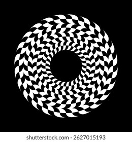 Elemento de design branco da rotação do círculo abstrato no fundo preto. Ilusão do Movimento Twirl. Arte vetorial.