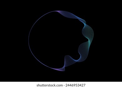 Abstract circle round frame by lines wavy flowing blue green gradient isolated on black background. Vector in concept modern, technology, science, music