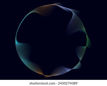 Abstract circle round frame by lines wavy flowing blue green gradient isolated on black background. Vector in concept modern.eps10