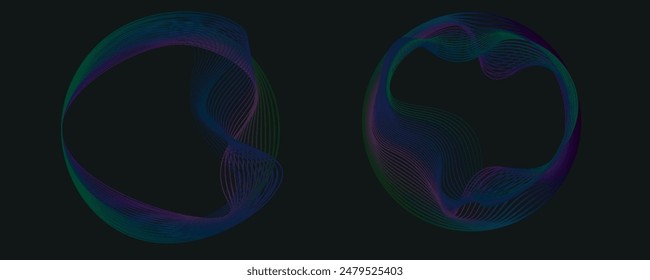 Abstract circle round frame by lines wavy flowing black gradient isolated on transparent background. Vector in concept modern, technology, science, music.