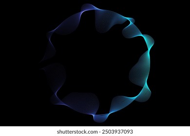 Abstractas círculo marco redondo por líneas ondulado fluyendo azul gradiente verde aislado sobre fondo negro. Vector en concepto moderno, tecnología, ciencia, música.