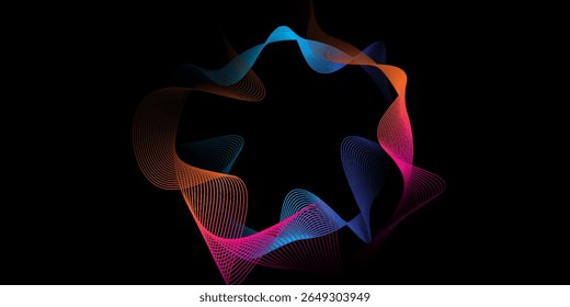 Abstract circle round frame by lines wavy flowing blue green gradient isolated on black background. Vector in concept modern, technology, science, music.