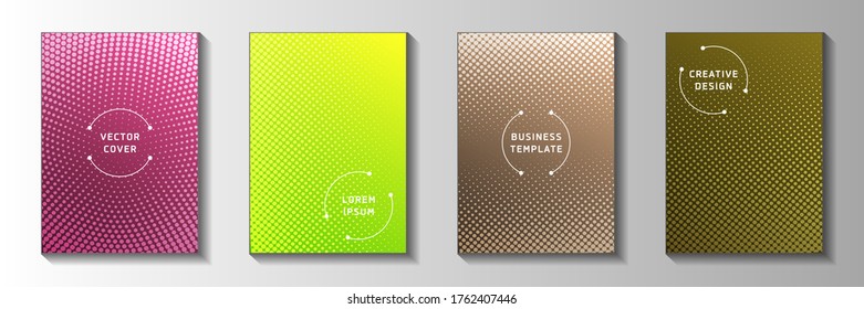 Abstract circle screen tone gradation cover page templates vector batch. Medical flyer faded screen tone patterns. Retro comics style cover leaflets. Optical effects.