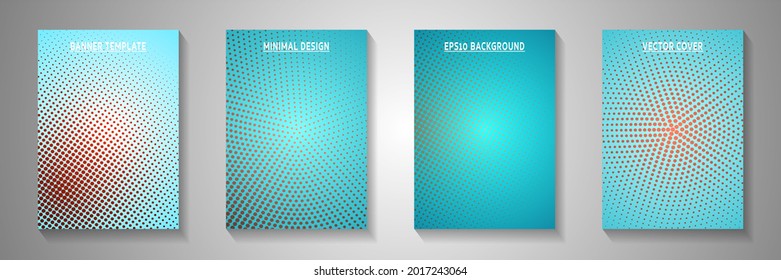 Abstract circle screen tone gradation cover page templates vector kit. Industrial flyer faded screen tone backgrounds. Retro cartoon comics style cover layouts. Line art design.