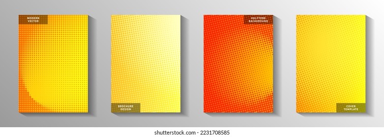 Abstract circle screen tone gradation cover page templates vector batch. Digital journal faded screen tone backdrops. Retro cartoon comics style cover leaflets. Rectangle albums.