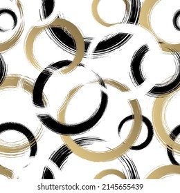 Abstract circle seamless pattern. Repeating gold grunge backdrop. Random circles. Repeat golden background. Geometric texture. Repeated graphic printing. Patern for design prints. Vector illustration