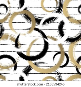 Abstract circle seamless pattern. Repeating gold grunge backdrop. Random circles. Repeat golden background. Geometric texture. Repeated graphic printing. Patern for design prints. Vector illustration