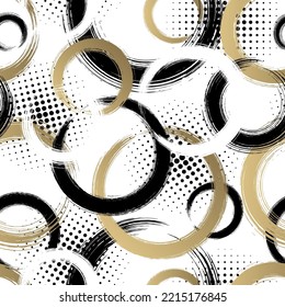 Abstract circle seamless pattern. Repeating gold grunge backdrop. Random circles. Background golden round. Geometric texture. Repeated graphic patern. Repeat design for prints. Vector illustration