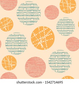 Abstract circle seamless repeat pattern with hand drawn textures. Modern design with geometric elements and doodles. Vector design for paper, fabric, interior design, cover and wallpaper.