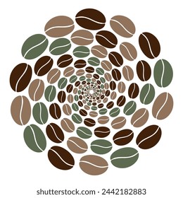 Abstract circle shape of multicolored coffee beans moving in a spiral in trendy brown and green