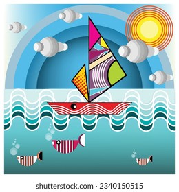Abstract circle shape ocean boat geomatric, pattern, background, vector circle line color art design for posters, social media, magazines, promos, brochures, flyers, wall decorations