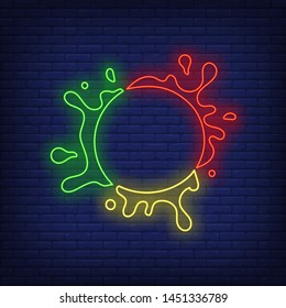 Abstract circle shaped element and paint splashes neon sign. Decoration design. Night bright neon sign, colorful billboard, light banner. Vector illustration in neon style.