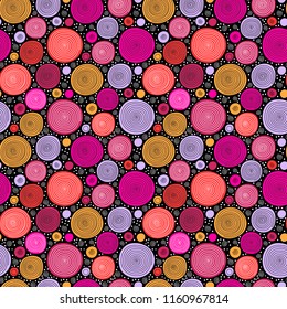 Abstract circle shapes with spirals geometric seamless pattern, vector