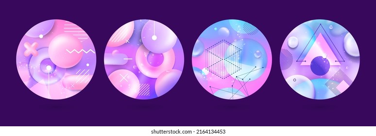 Abstract circle shapes. Wave background with fluid gradients and liquid texture in round forms. Isolated social media icons collection. Highlights covers geometric design, vector graphic