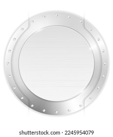 Resumen del marco de acero plateado circular con remaches metálicos, sombra y espacio de copia sobre fondo blanco. Ilustración vectorial.