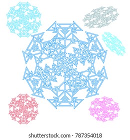 Abstract circle, snowflake from triangles. Beautiful set of multi-colored, patterned, pink, red, blue, purple balls, ornament. Vector illustration.