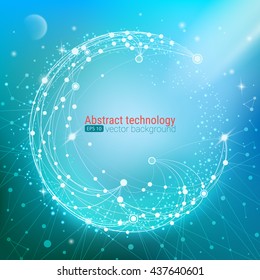 Abstract circle and space for content. Point and curve constructed sphere wire frame. Technological background Banner.