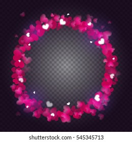 Abstract circle of sparkling red hearts on transparent background. Realistic particle glitter effect. Bright design element for decoration holidays valentine's day.