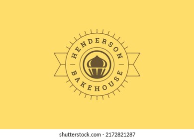 Abstract circle sun rays creamy cupcake festive ribbon logo template design vector illustration. Rounded sunlight muffin sweet confectionery dessert delicious pastry food branding identification