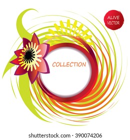 Abstract circle swirl frame - red and green whirlpool and bright red flower with leaf - exotic tropical frame border vector. Festive style vector circle frame with brush strokes paint and text place.