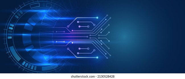 Abstract circle technology communication, vector illustration. Hi-tech computer digital technology concept. Wide Blue background with various technological elements.
