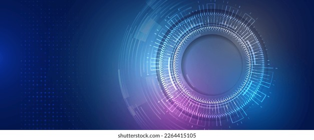 Abstract circle technology communication, vector illustration. Hi-tech computer digital technology concept. Wide Blue background with various technological elements.