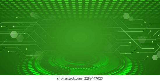 Abstract circle technology communication vector illustration. Hi-tech computer digital technology concept. Wide green background with various technological elements. Futuristic design for presentation
