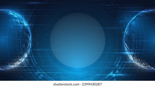 Abstract circle technology communication, vector illustration. Futuristic design for presentation. Hi-tech computer digital technology concept. Wide Blue background with various technological elements
