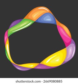 Abstract circle twisted lines, wavy colored bubbles round frame. Colorful rainbow background with empty space for text. Amorphous ring banner design. Vector 
