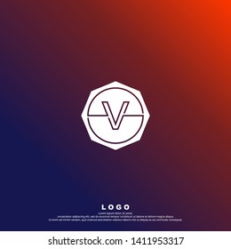 abstract circle V logo letter with line design concept. geometric octagonal stamp logotype. octagon business symbol. technology logo letter with purple and orange background color vector illustration