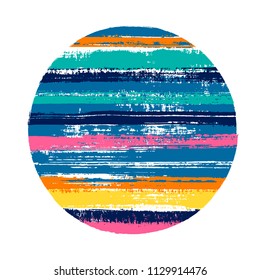 Abstract circle vector geometric shape with stripes texture of ink horizontal lines. Disc banner with old paint texture. Stamp round shape circle logo element with grunge stripes background.