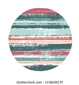 Abstract circle vector geometric shape with stripes texture of paint horizontal lines. Planet concept with old paint texture. Label round shape logotype circle with grunge stripes background.