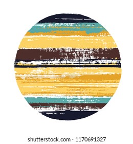 Abstract circle vector geometric shape with stripes texture of paint horizontal lines. Disk banner with old paint texture. Stamp round shape circle logo element with grunge stripes background.