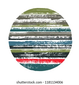 Abstract circle vector geometric shape with striped texture of ink horizontal lines. Disc banner with old paint texture. Badge round shape logotype circle with grunge background of stripes.