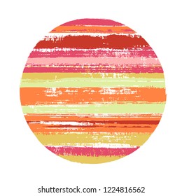 Abstract circle vector geometric shape with stripes texture of ink horizontal lines. Old paint texture disc. Label round shape logotype circle with grunge stripes background.