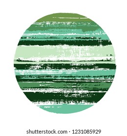 Abstract circle vector geometric shape with stripes texture of paint horizontal lines. Old paint texture disk. Badge round shape circle logo element with grunge stripes background.