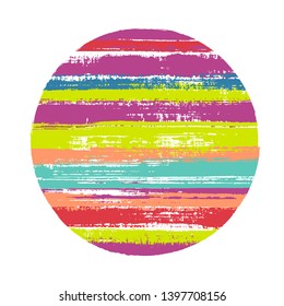 Abstract circle vector geometric shape with stripes texture of ink horizontal lines. Disc banner with old paint texture. Badge round shape circle logo element with grunge stripes background.