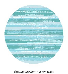Abstract circle vector geometric shape with striped texture of ink horizontal lines. Old paint texture disk. Badge round shape logotype circle with grunge background of stripes.