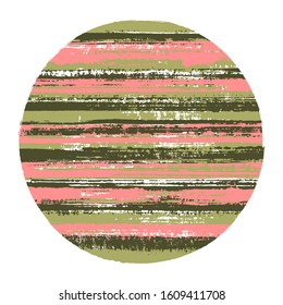 Abstract circle vector geometric shape with striped texture of paint horizontal lines. Old paint texture disk. Label round shape logotype circle with grunge background of stripes.