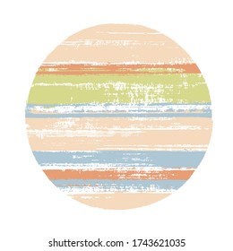 Abstract circle vector geometric shape with stripes texture of paint horizontal lines. Old paint texture disk. Stamp round shape circle logo element with grunge stripes background.