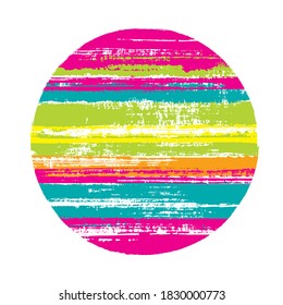 Abstract circle vector geometric shape with stripes texture of ink horizontal lines. Disc banner with old paint texture. Stamp round shape logotype circle with grunge stripes background.