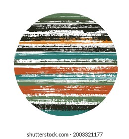 Abstract circle vector geometric shape with striped texture of ink horizontal lines. Disc banner with old paint texture. Badge round shape logotype circle with grunge background of stripes.