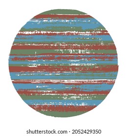 Abstract circle vector geometric shape with striped texture of ink horizontal lines. Disk banner with old paint texture. Emblem round shape circle logo element with grunge background of stripes.