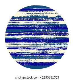 Abstract circle vector geometric shape with striped texture of ink horizontal lines. Planet concept with old paint texture. Label round shape logotype circle with grunge background of stripes.