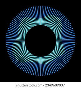 Abstract circle vector symbol. Radial concentric blue and turquoise lines. Sunburst isolated on black background. Round vector design element. Vector color illustration.